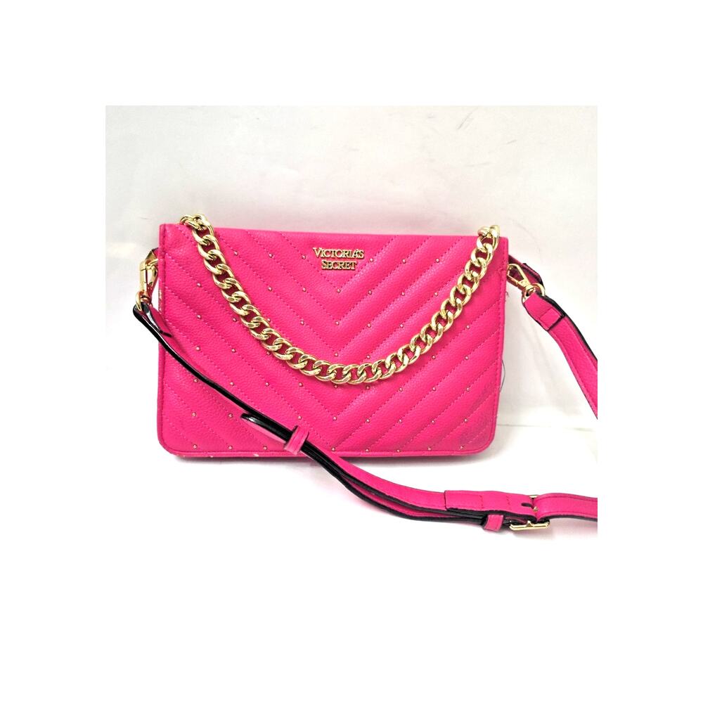 Victoria's Secret Pink Quilted Studded Crossbody Shoulder Bag Gold Chain Purse